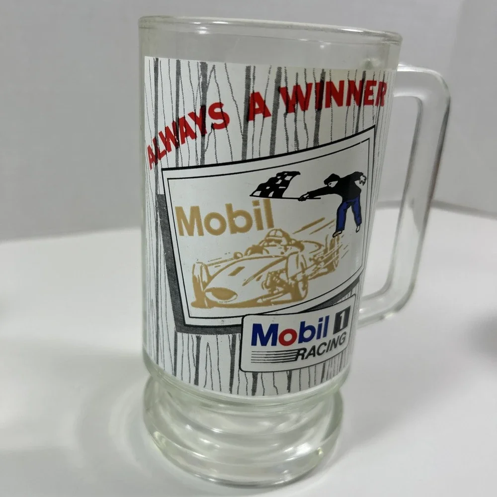 Mobil 1 Racing Always A Winner Advertising Beer Mug‎ Glass Red White Blue Glass
